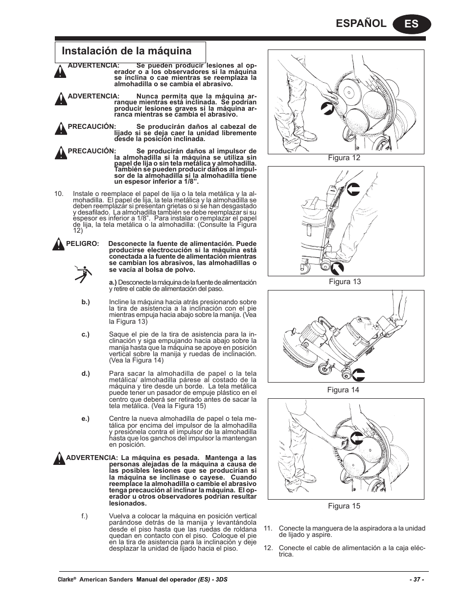 Es español, Instalación de la máquina | American Sanders 3DS Orbital Sander User Manual | Page 37 / 94