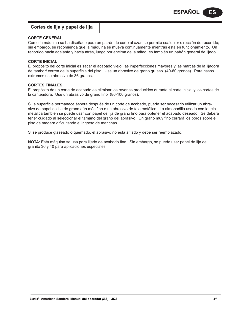 Es español, Cortes de lija y papel de lija | American Sanders 3DS Orbital Sander User Manual | Page 41 / 94