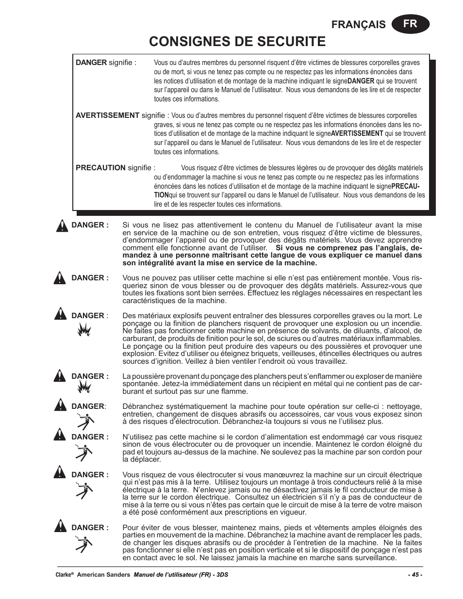 Consignes de securite, Fr français | American Sanders 3DS Orbital Sander User Manual | Page 45 / 94
