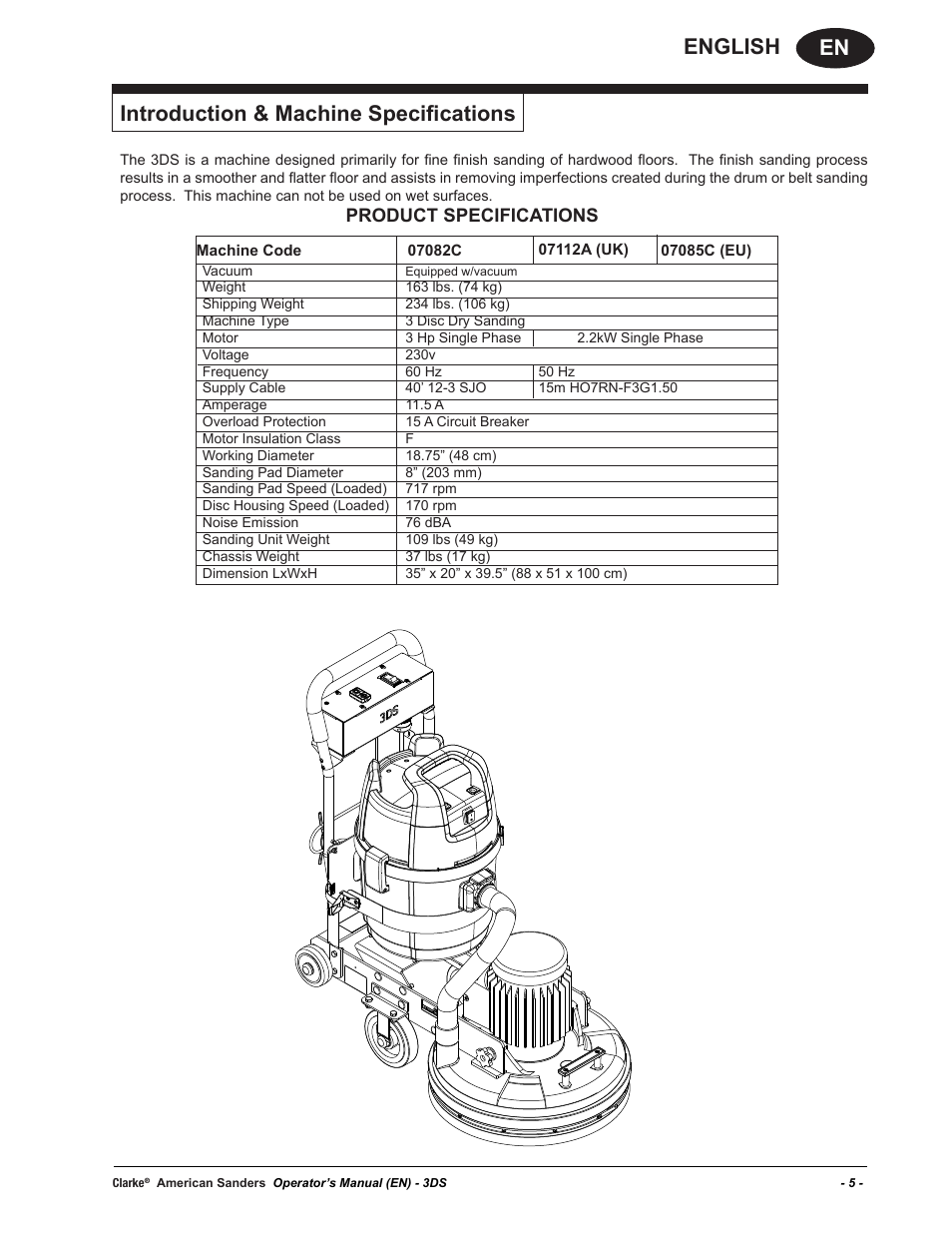 En english, Introduction & machine specifications, Product specifications | American Sanders 3DS Orbital Sander User Manual | Page 5 / 94
