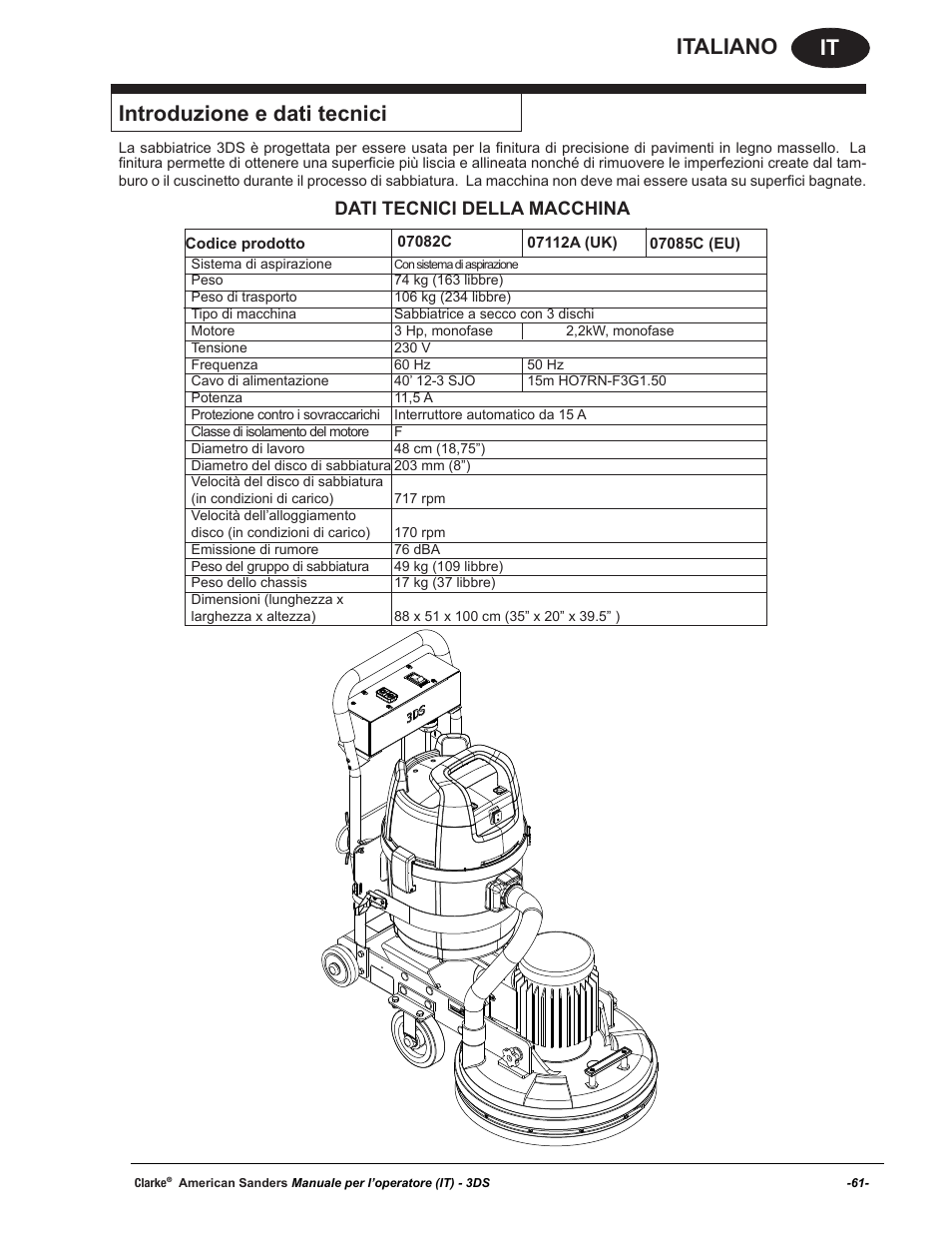 It italiano introduzione e dati tecnici, Dati tecnici della macchina | American Sanders 3DS Orbital Sander User Manual | Page 61 / 94