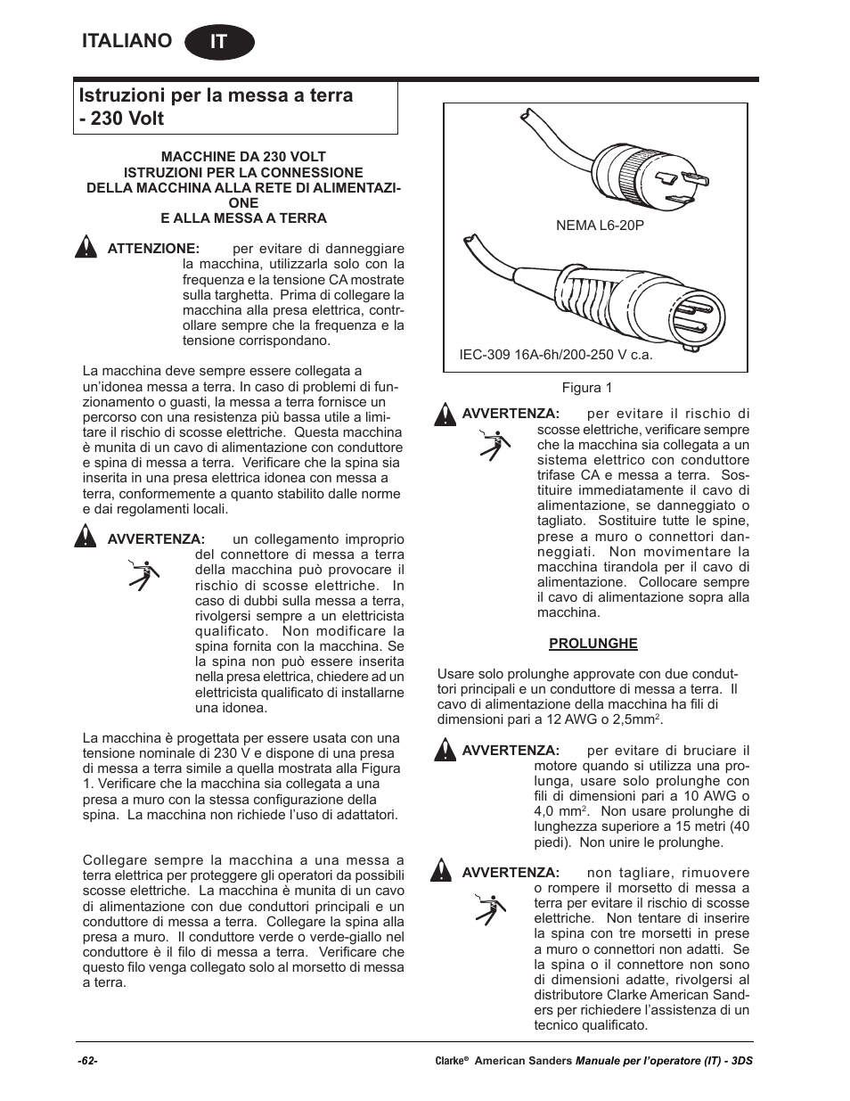 It italiano, Istruzioni per la messa a terra - 230 volt | American Sanders 3DS Orbital Sander User Manual | Page 62 / 94