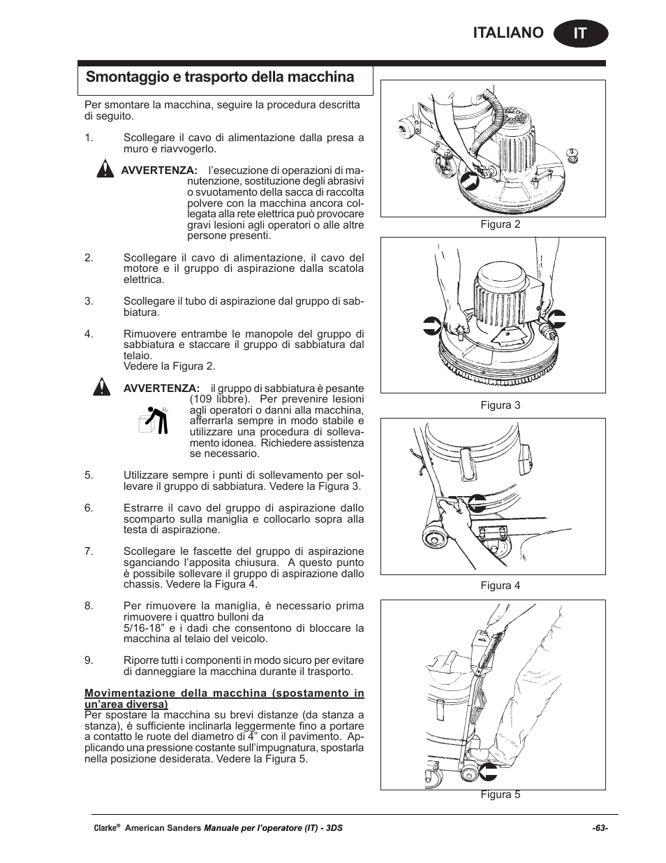 It italiano smontaggio e trasporto della macchina | American Sanders 3DS Orbital Sander User Manual | Page 63 / 94