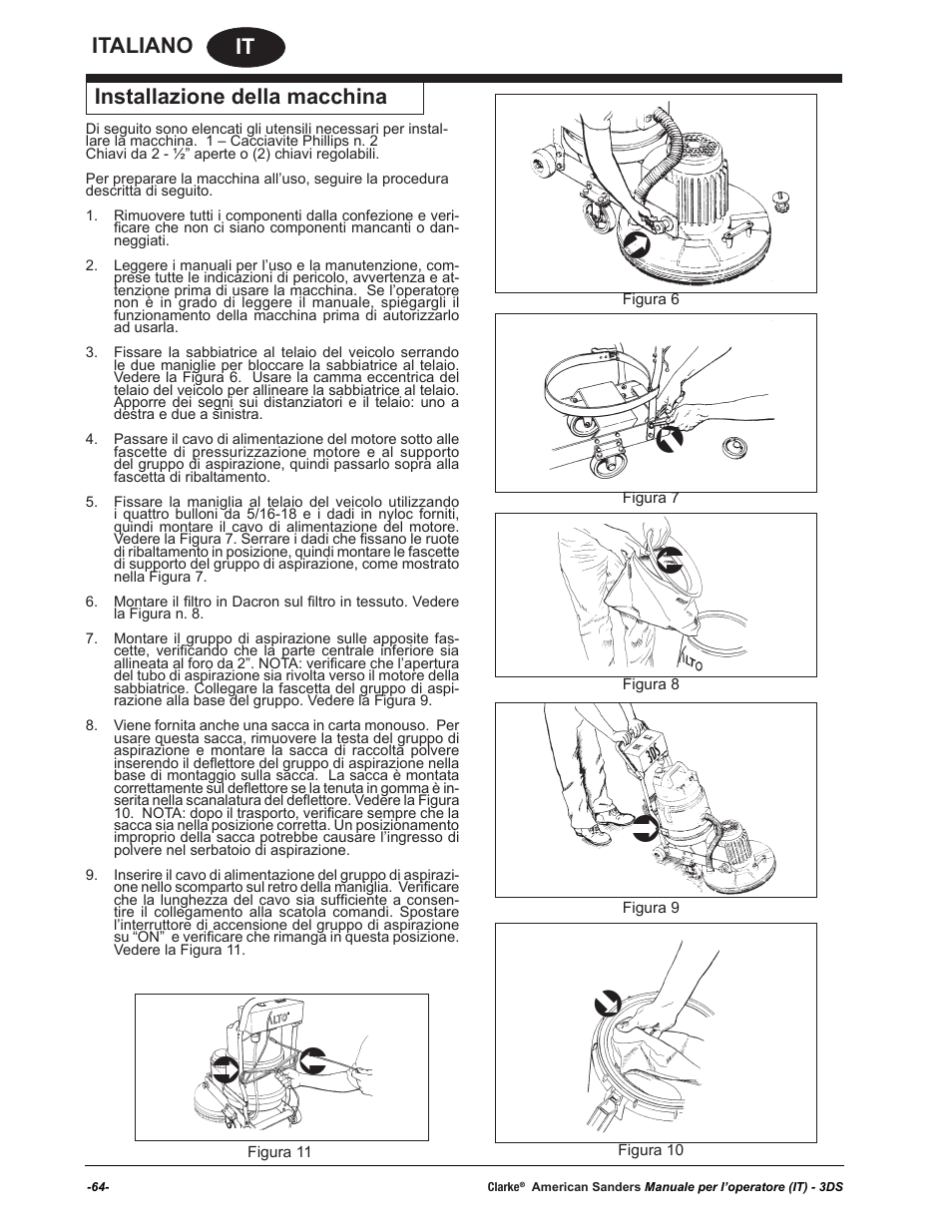 It italiano, Installazione della macchina | American Sanders 3DS Orbital Sander User Manual | Page 64 / 94