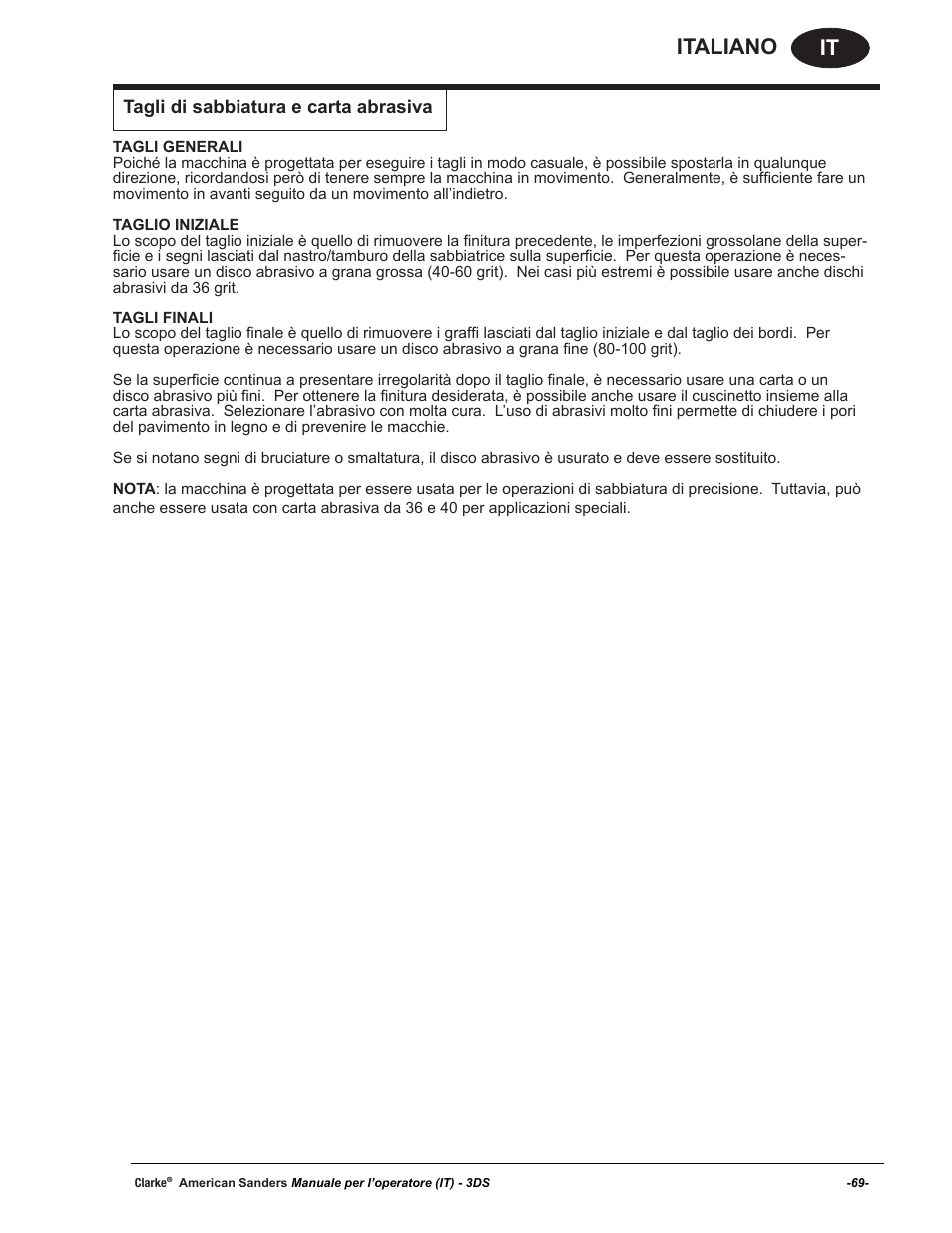 It italiano, Tagli di sabbiatura e carta abrasiva | American Sanders 3DS Orbital Sander User Manual | Page 69 / 94