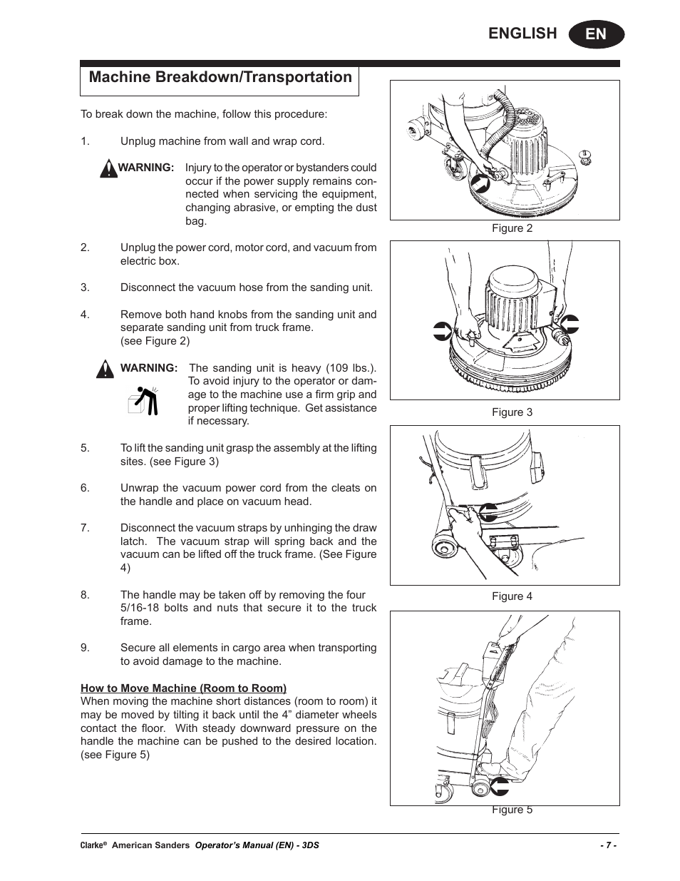 En english, Machine breakdown/transportation | American Sanders 3DS Orbital Sander User Manual | Page 7 / 94