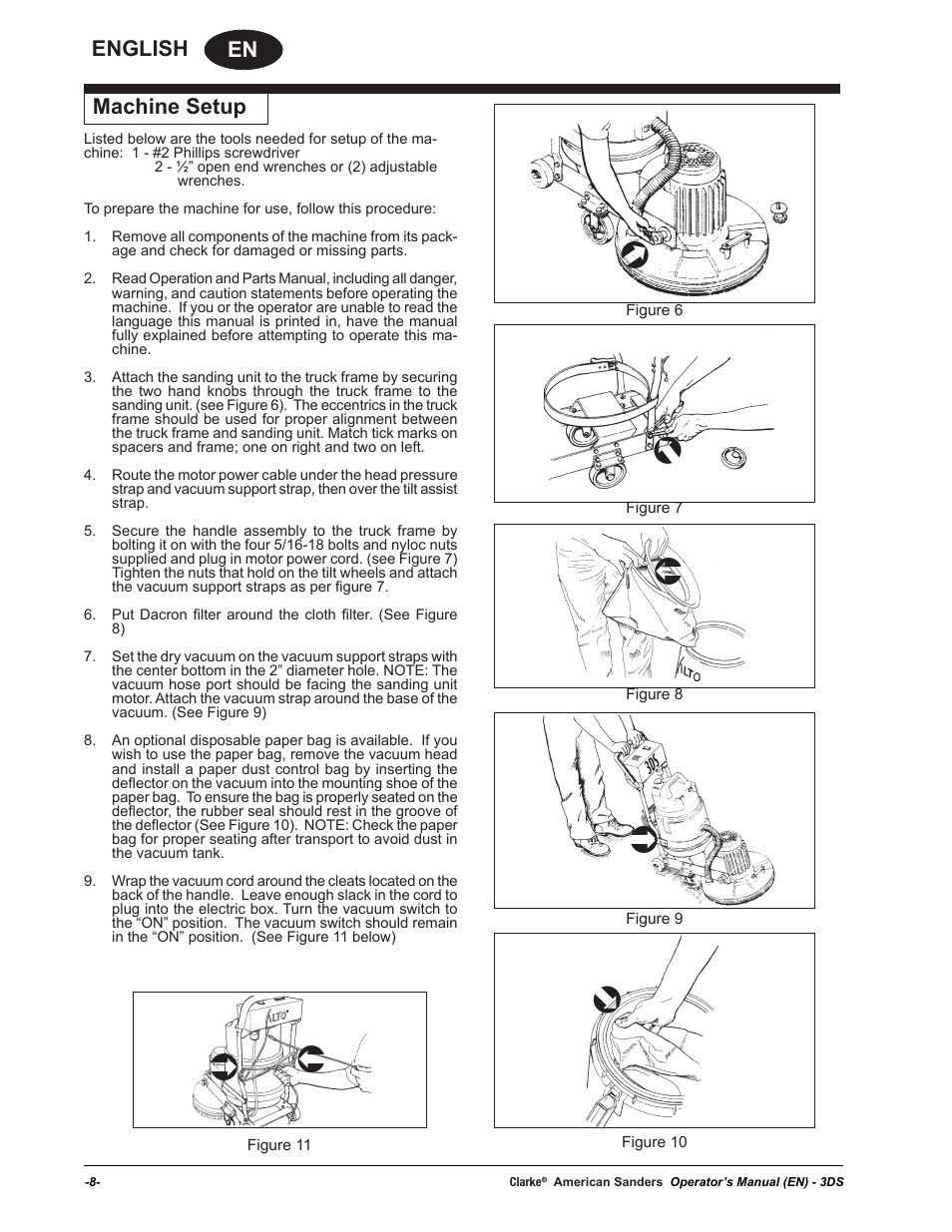 En english, Machine setup | American Sanders 3DS Orbital Sander User Manual | Page 8 / 94