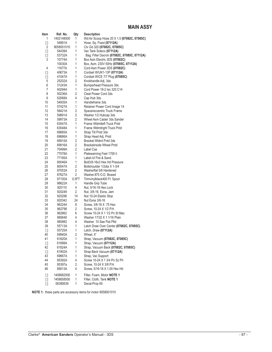 Main assy | American Sanders 3DS Orbital Sander User Manual | Page 87 / 94