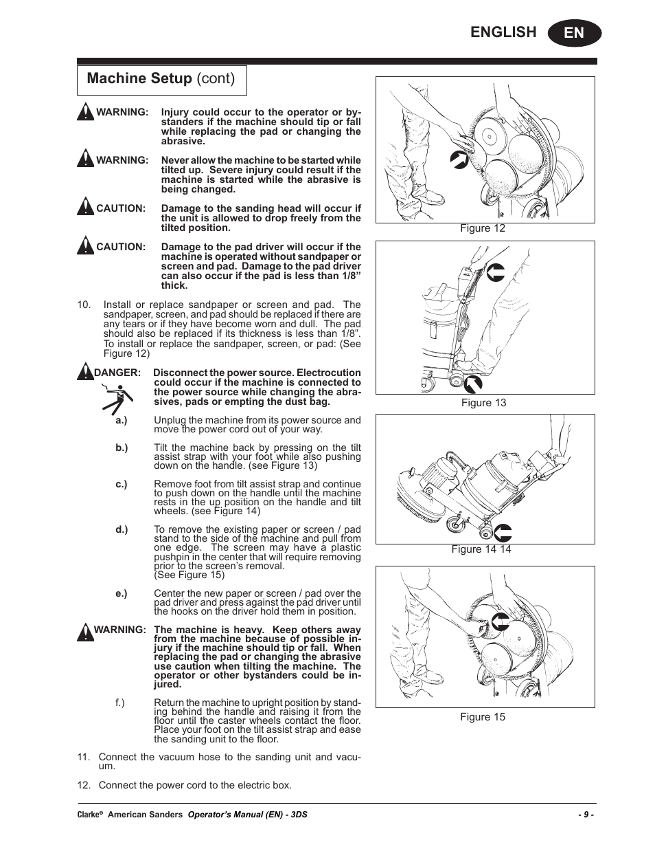 En english, Machine setup (cont) | American Sanders 3DS Orbital Sander User Manual | Page 9 / 94