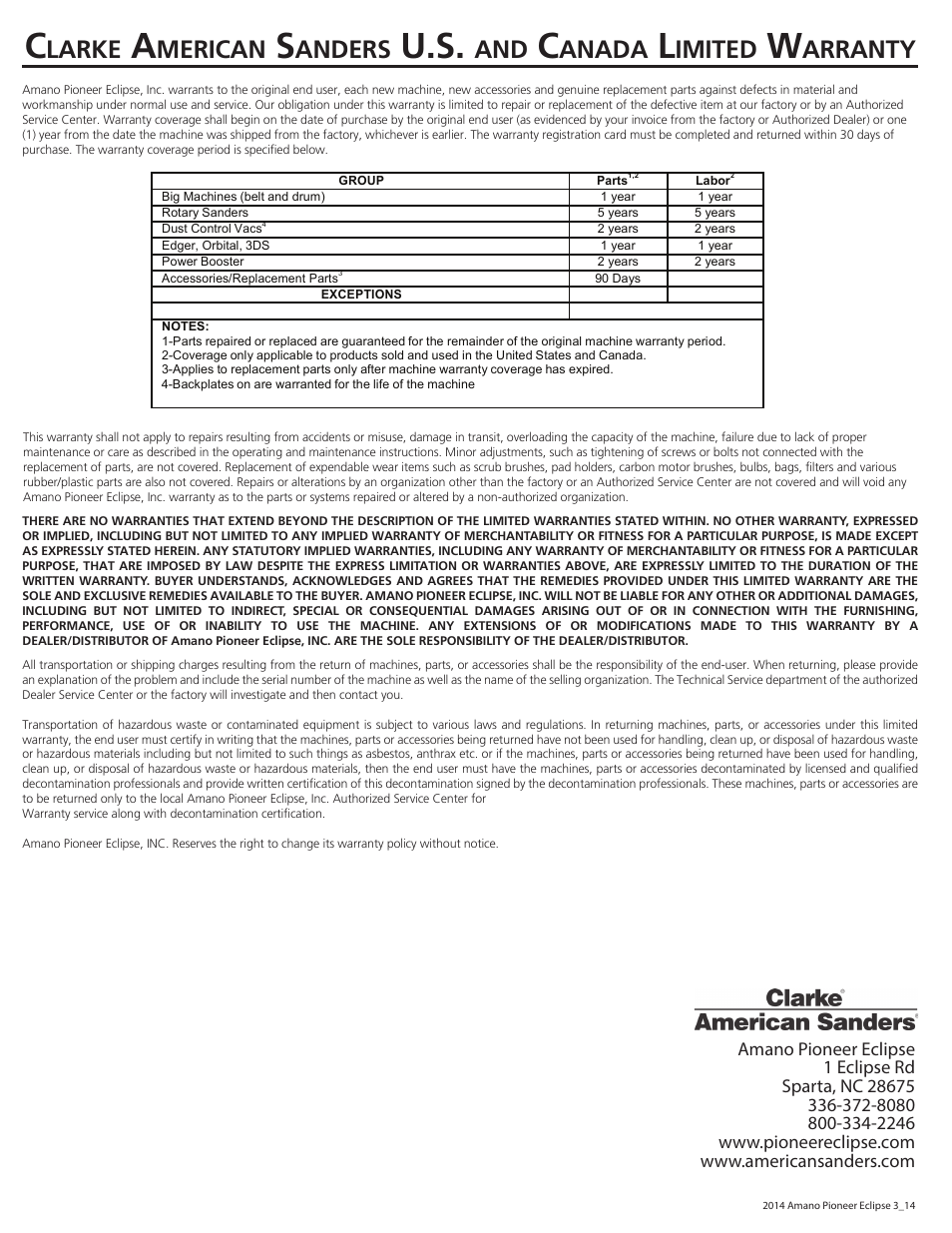 Larke, Merican, Anders | Anada, Imited, Arranty | American Sanders 3DS Orbital Sander User Manual | Page 94 / 94