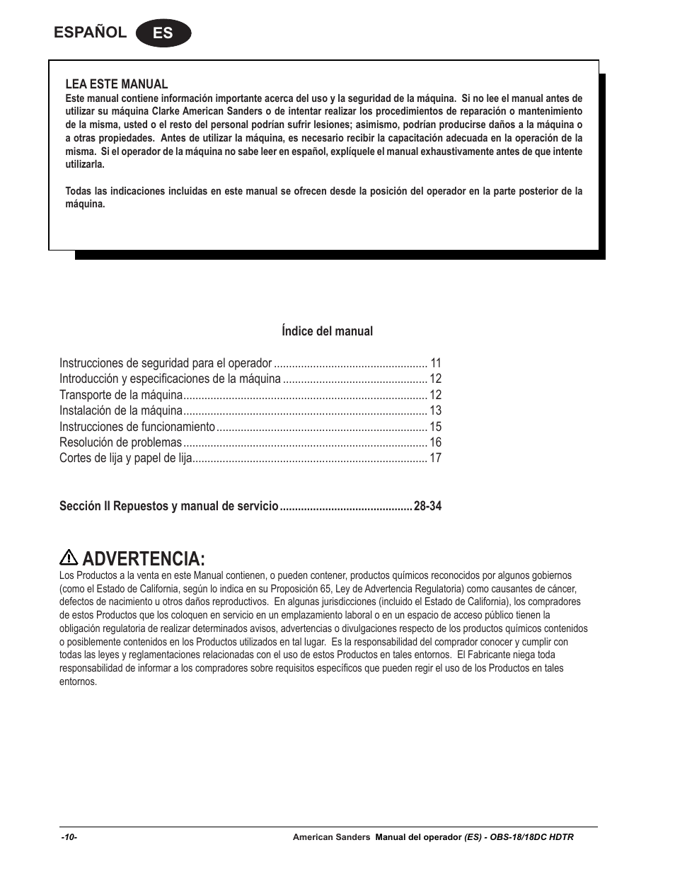 Advertencia, Es español | American Sanders OBS 18DC Orbital Sander User Manual | Page 10 / 36