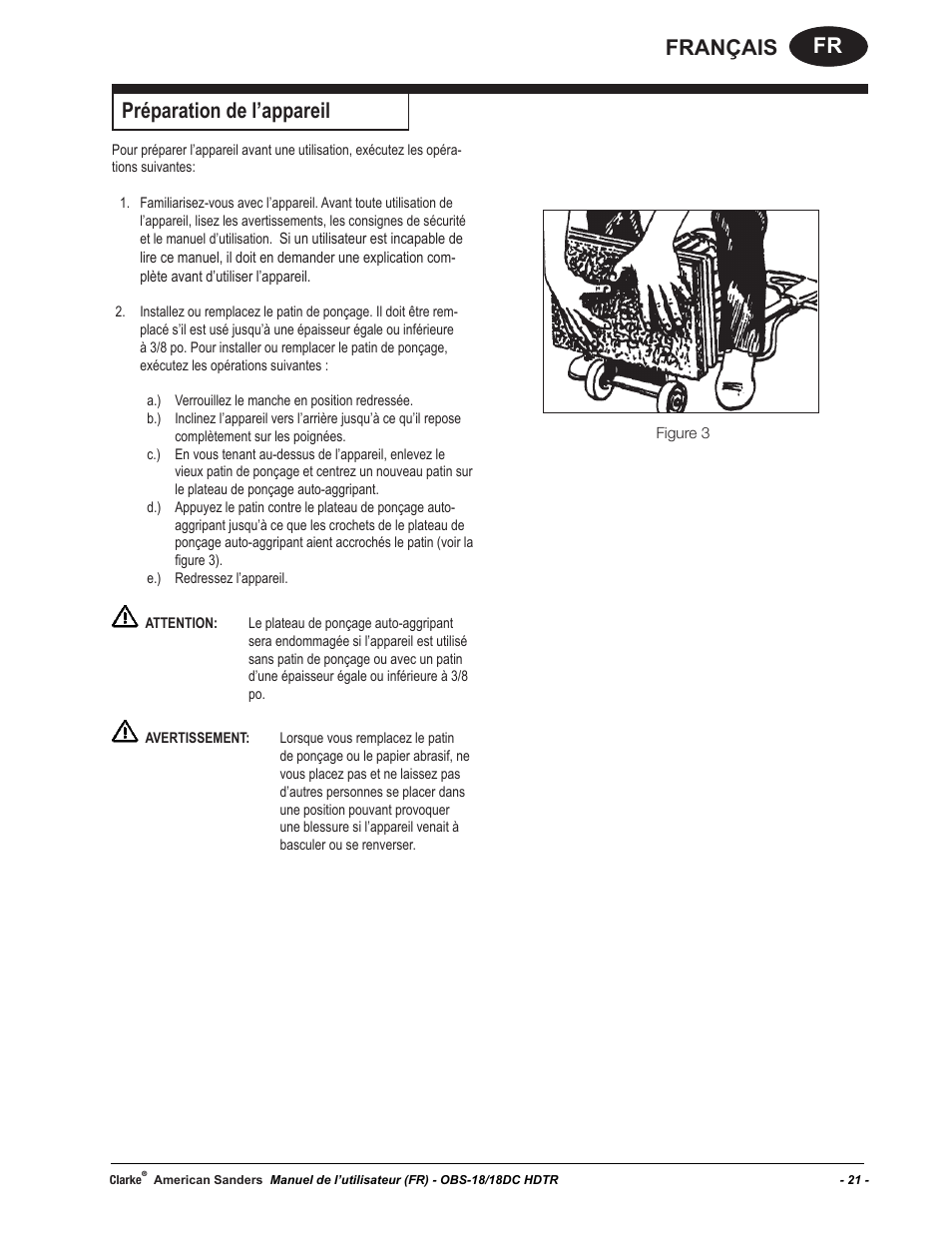 Fr français, Préparation de l’appareil | American Sanders OBS 18DC Orbital Sander User Manual | Page 21 / 36