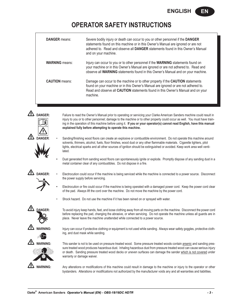 Operator safety instructions, En english | American Sanders OBS 18DC Orbital Sander User Manual | Page 3 / 36
