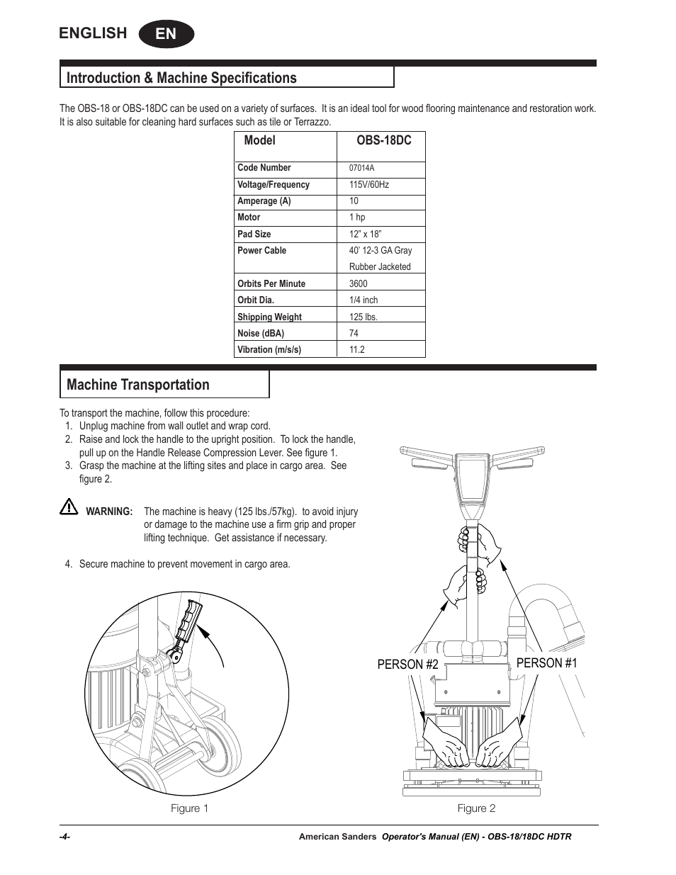En english, Introduction & machine specifications, Machine transportation | American Sanders OBS 18DC Orbital Sander User Manual | Page 4 / 36