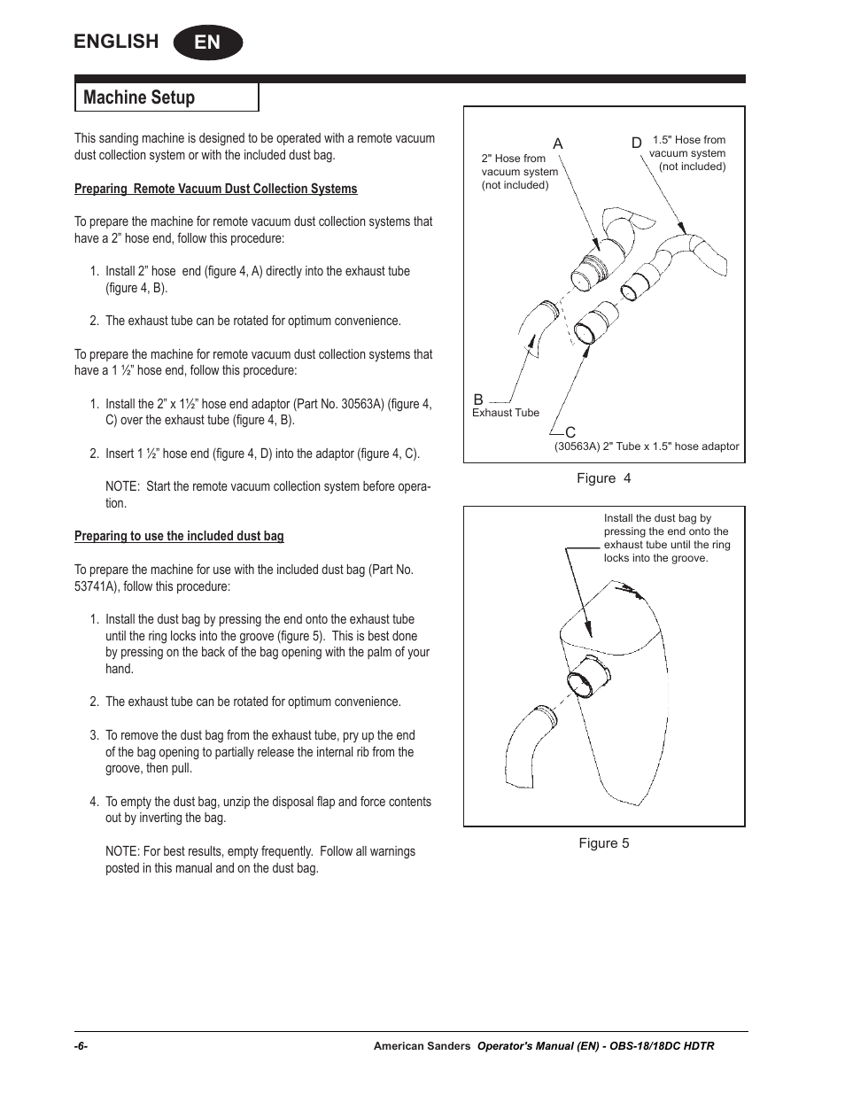 En english, Machine setup | American Sanders OBS 18DC Orbital Sander User Manual | Page 6 / 36