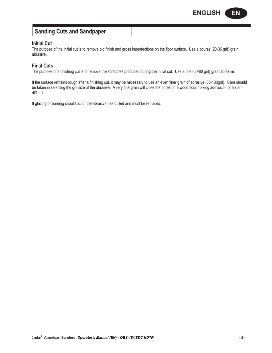 En english, Sanding cuts and sandpaper, Initial cut | Final cuts | American Sanders OBS 18DC Orbital Sander User Manual | Page 9 / 36
