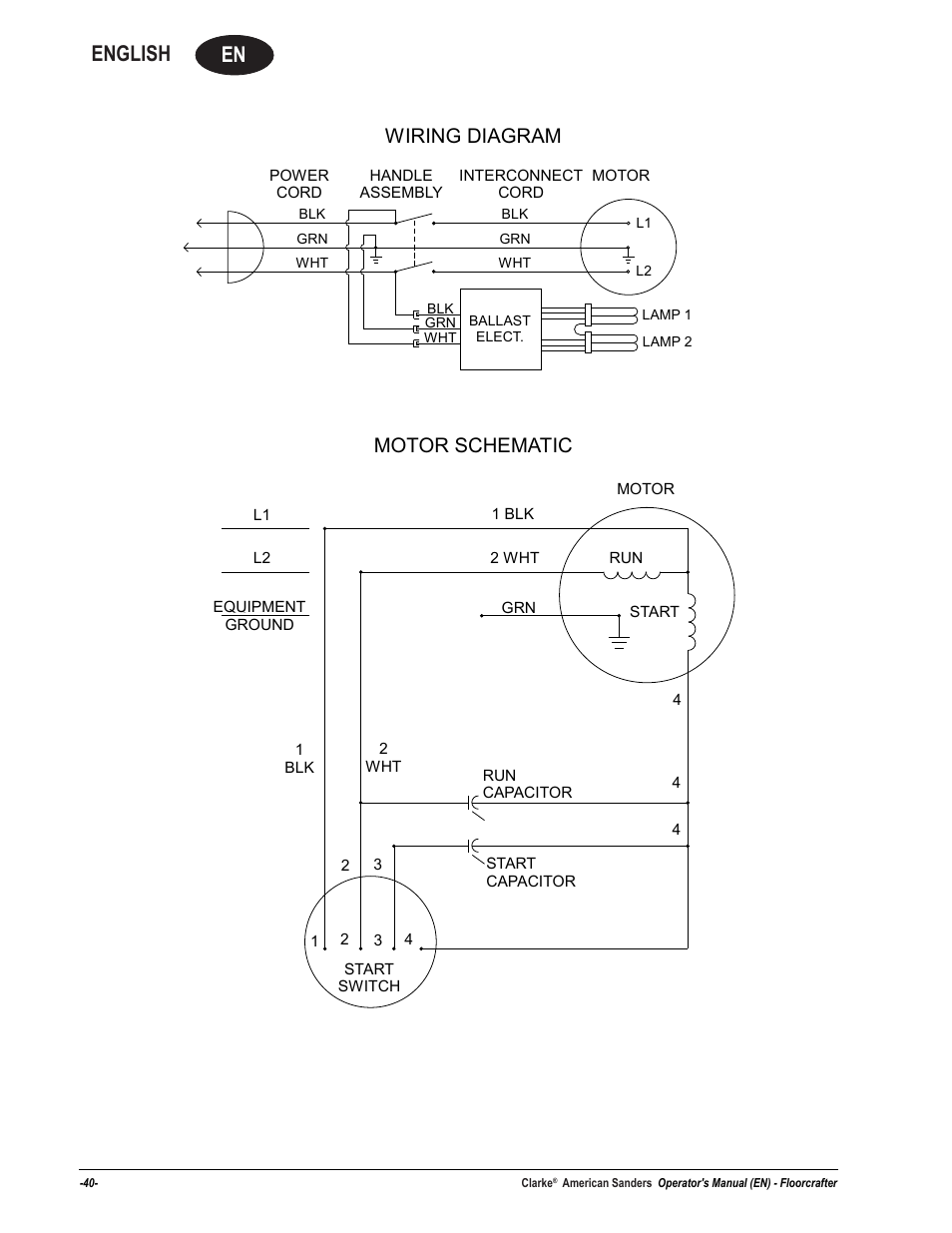 En english, Wiring diagram motor schematic | American Sanders Disc Sander 1600DC User Manual | Page 40 / 42