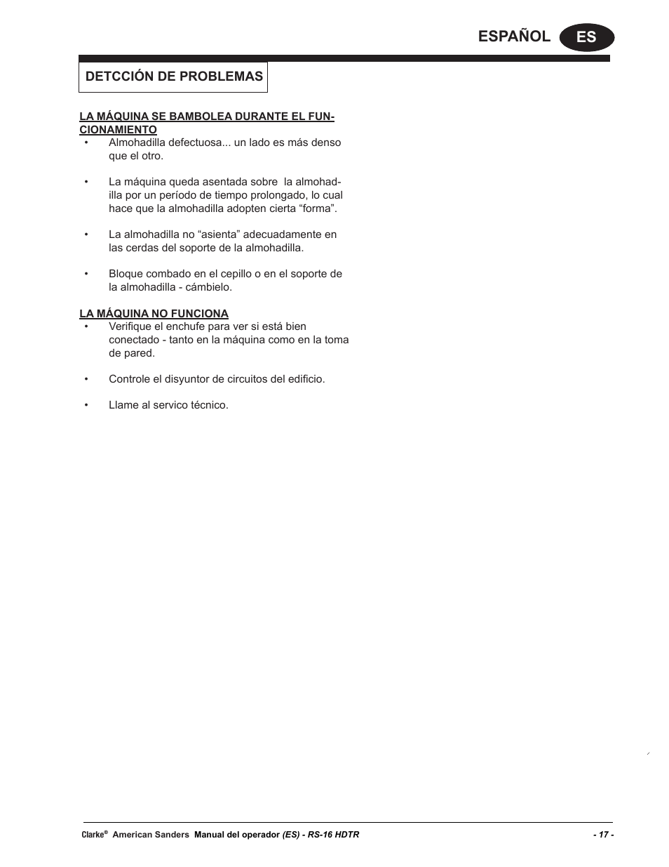 Es español, Detcción de problemas | American Sanders RS-16DC Rotary Sander User Manual | Page 17 / 32