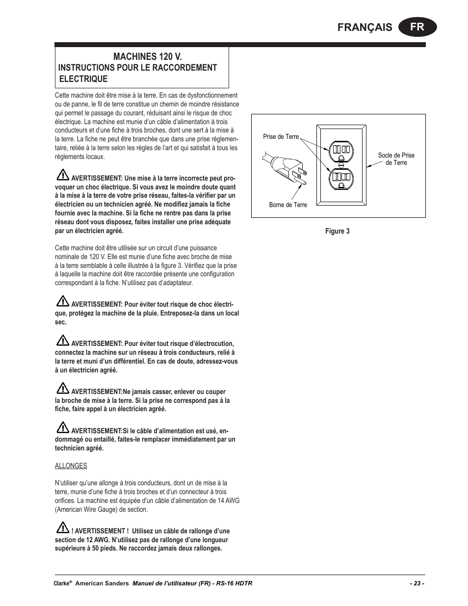 Fr français, Machines 120 v, Instructions pour le raccordement electrique | American Sanders RS-16DC Rotary Sander User Manual | Page 23 / 32