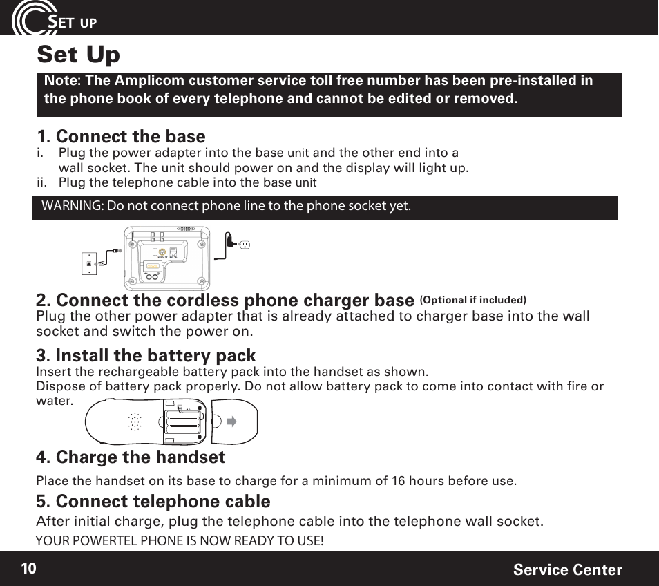 Set up, Connect the base, Connect the cordless phone charger base | Install the battery pack, Charge the handset, Connect telephone cable | Amplicom PowerTel 720 Cordless Phone w/Answering Machine User Manual | Page 10 / 60