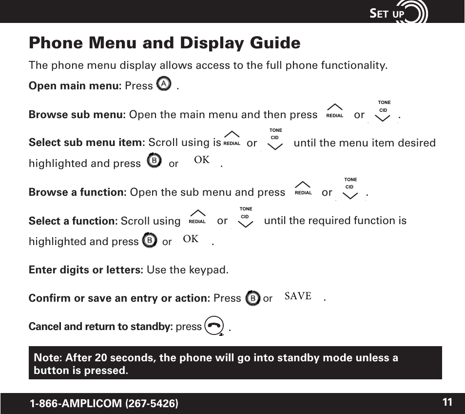 Untitled, Phone menu and display guide | Amplicom PowerTel 720 Cordless Phone w/Answering Machine User Manual | Page 11 / 60