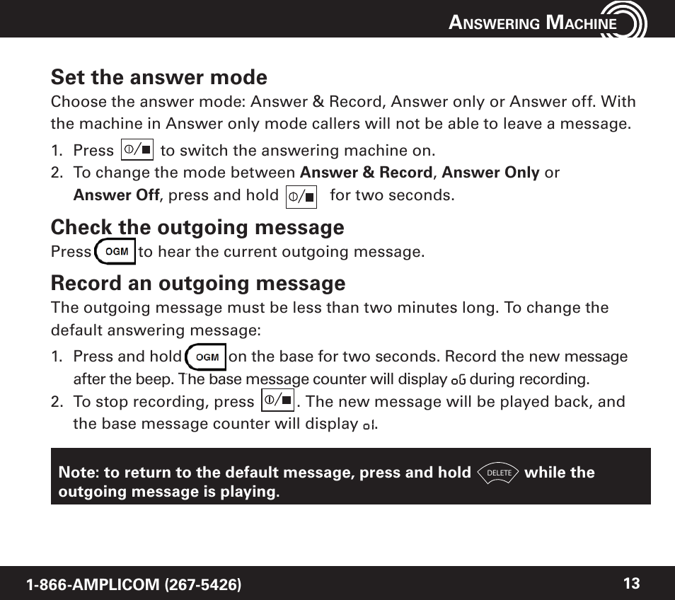 Set the answer mode, Check the outgoing message, Record an outgoing message | Amplicom PowerTel 720 Cordless Phone w/Answering Machine User Manual | Page 13 / 60