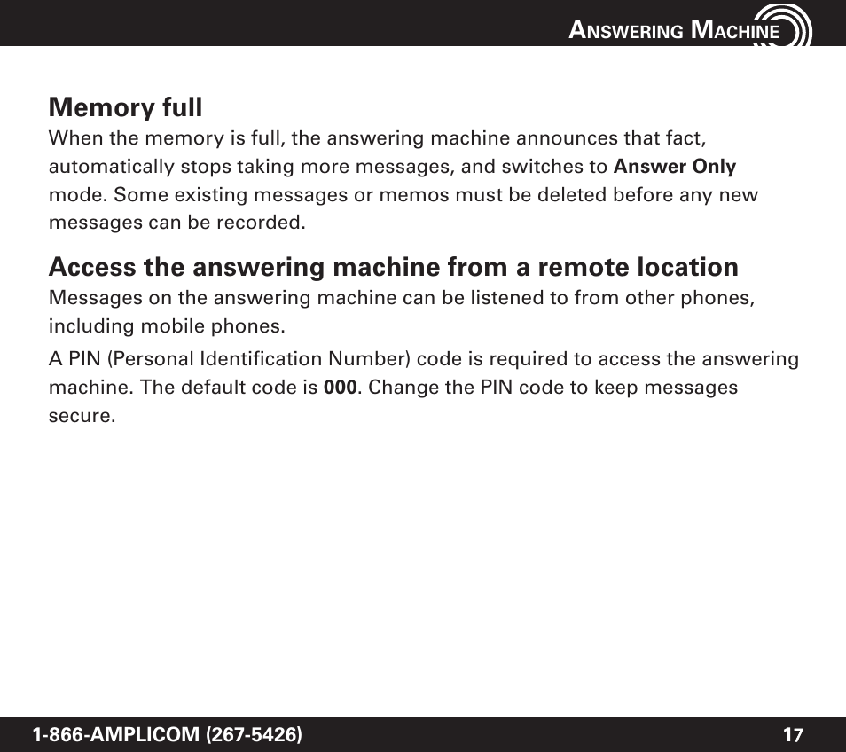 Amplicom PowerTel 720 Cordless Phone w/Answering Machine User Manual | Page 17 / 60