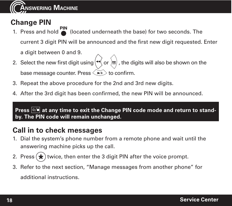 Change pin, Call in to check messages | Amplicom PowerTel 720 Cordless Phone w/Answering Machine User Manual | Page 18 / 60