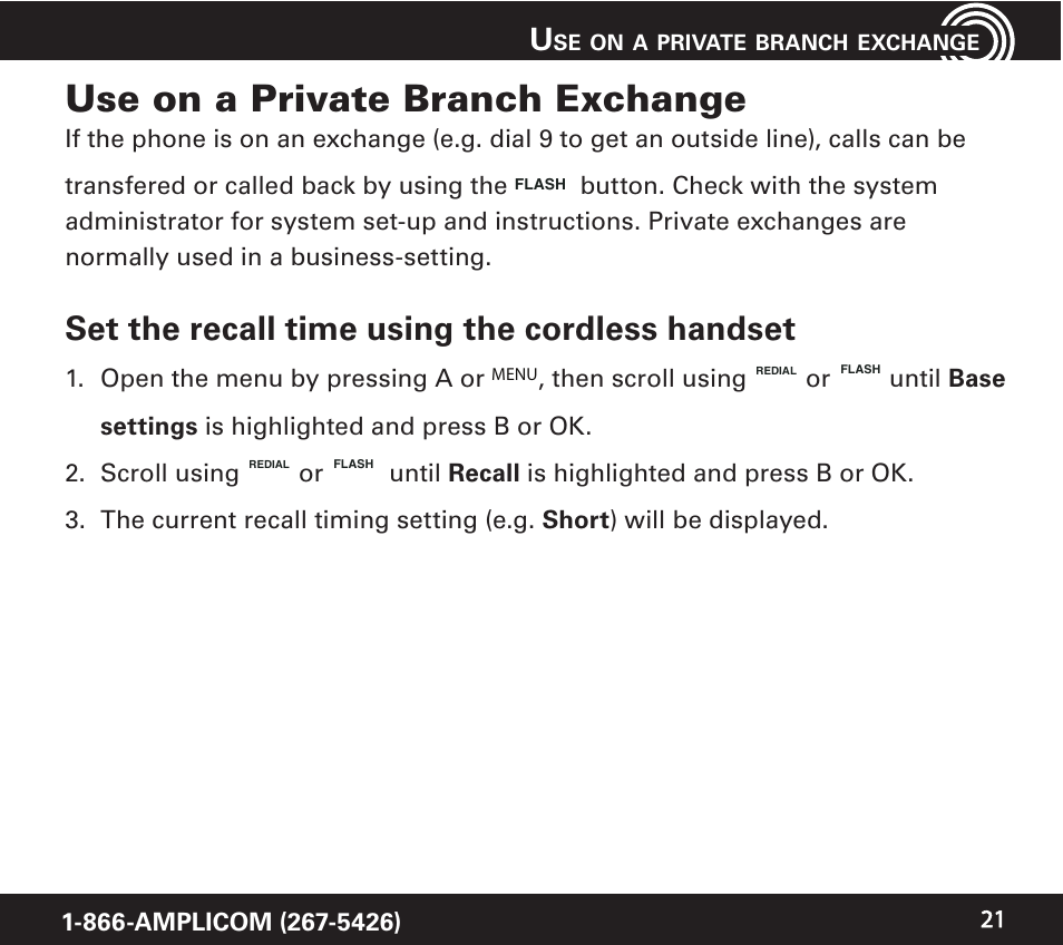 Use on a private branch exchange, Set the recall time using the cordless handset | Amplicom PowerTel 720 Cordless Phone w/Answering Machine User Manual | Page 21 / 60