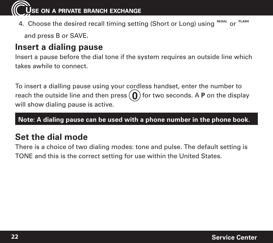 Insert a dialing pause, Set the dial mode | Amplicom PowerTel 720 Cordless Phone w/Answering Machine User Manual | Page 22 / 60