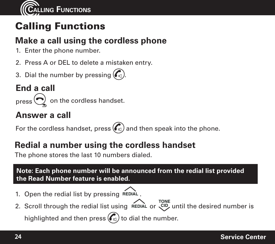 Calling functions, Make a call using the cordless phone, End a call | Answer a call, Redial a number using the cordless handset | Amplicom PowerTel 720 Cordless Phone w/Answering Machine User Manual | Page 24 / 60