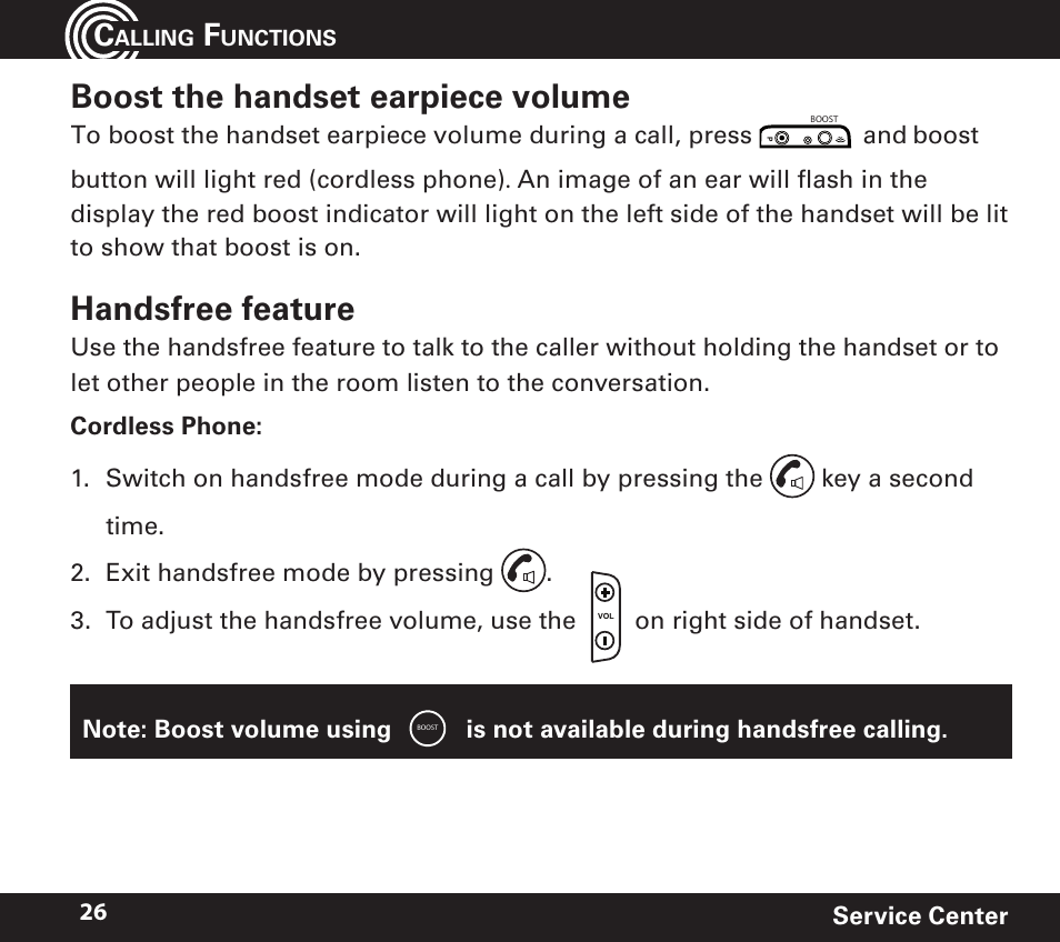 Boost the handset earpiece volume, Handsfree feature | Amplicom PowerTel 720 Cordless Phone w/Answering Machine User Manual | Page 26 / 60