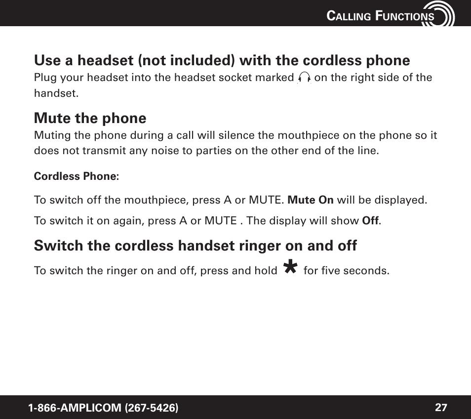 Mute the phone, Switch the cordless handset ringer on and off | Amplicom PowerTel 720 Cordless Phone w/Answering Machine User Manual | Page 27 / 60