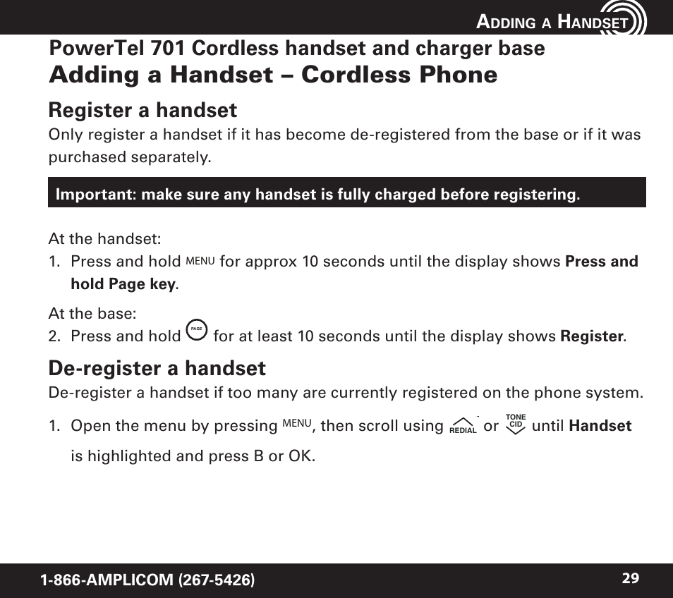 Adding a handset – cordless phone, Register a handset, De-register a handset | Powertel 701 cordless handset and charger base | Amplicom PowerTel 720 Cordless Phone w/Answering Machine User Manual | Page 29 / 60