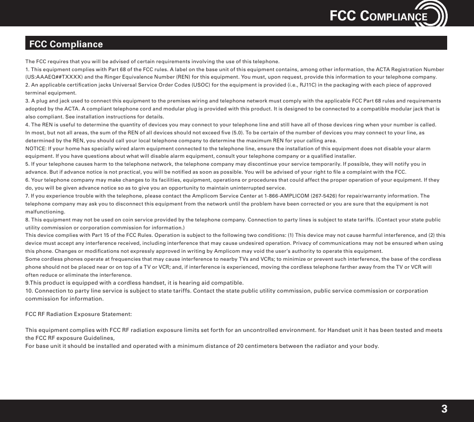 Fcc c | Amplicom PowerTel 720 Cordless Phone w/Answering Machine User Manual | Page 3 / 60