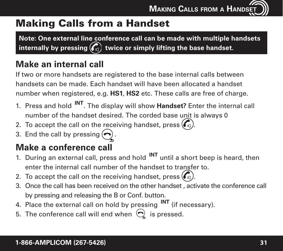 Making calls from a handset, Make an internal call, Make a conference call | Amplicom PowerTel 720 Cordless Phone w/Answering Machine User Manual | Page 31 / 60