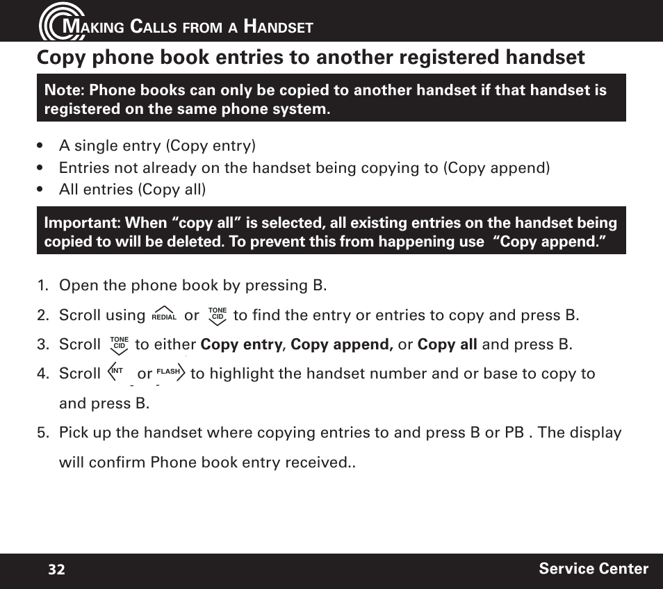 Service center 32 | Amplicom PowerTel 720 Cordless Phone w/Answering Machine User Manual | Page 32 / 60