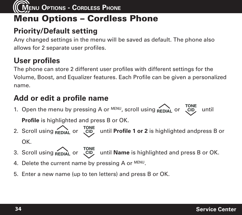 Menu options – cordless phone, Priority/default setting, User profiles | Add or edit a profile name | Amplicom PowerTel 720 Cordless Phone w/Answering Machine User Manual | Page 34 / 60