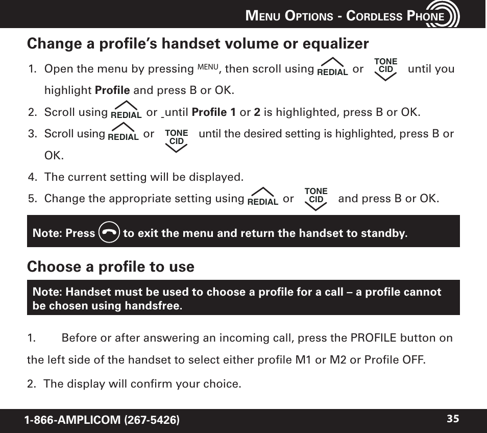 Change a profile’s handset volume or equalizer, Choose a profile to use | Amplicom PowerTel 720 Cordless Phone w/Answering Machine User Manual | Page 35 / 60