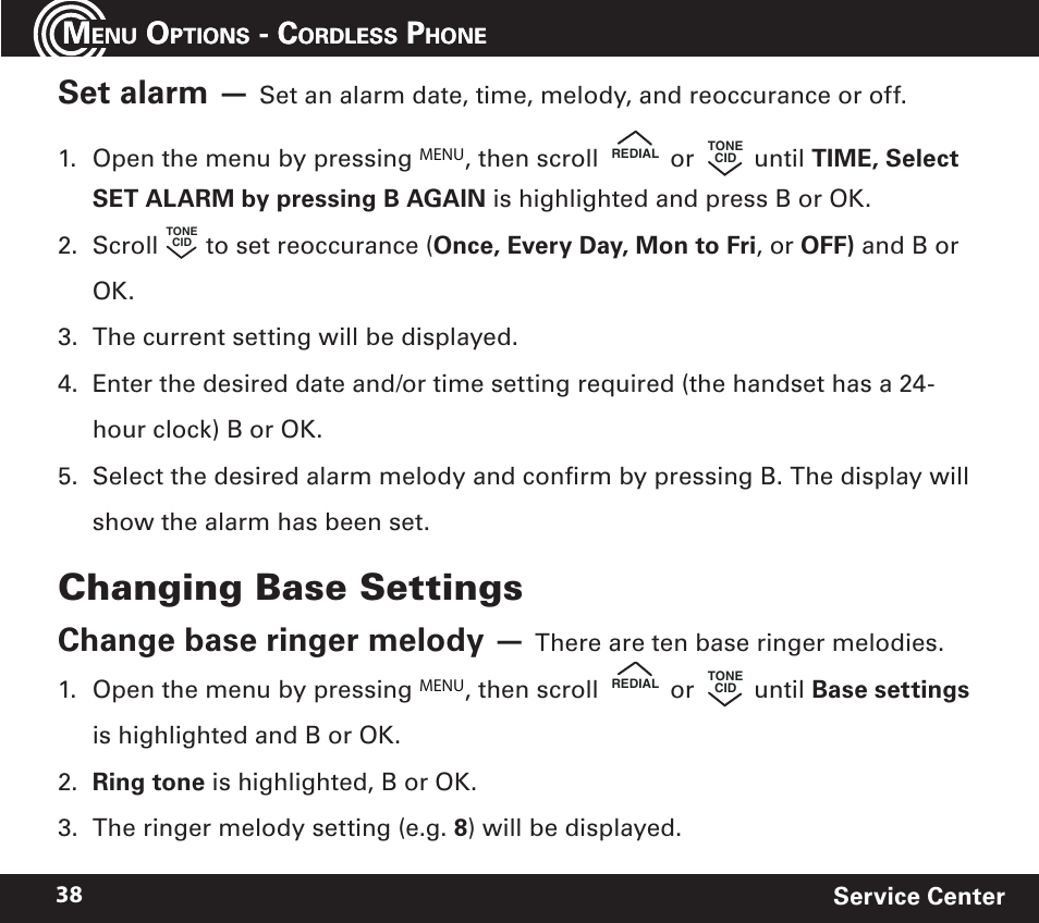 Changing base settings, Set alarm, Change base ringer melody | Amplicom PowerTel 720 Cordless Phone w/Answering Machine User Manual | Page 38 / 60