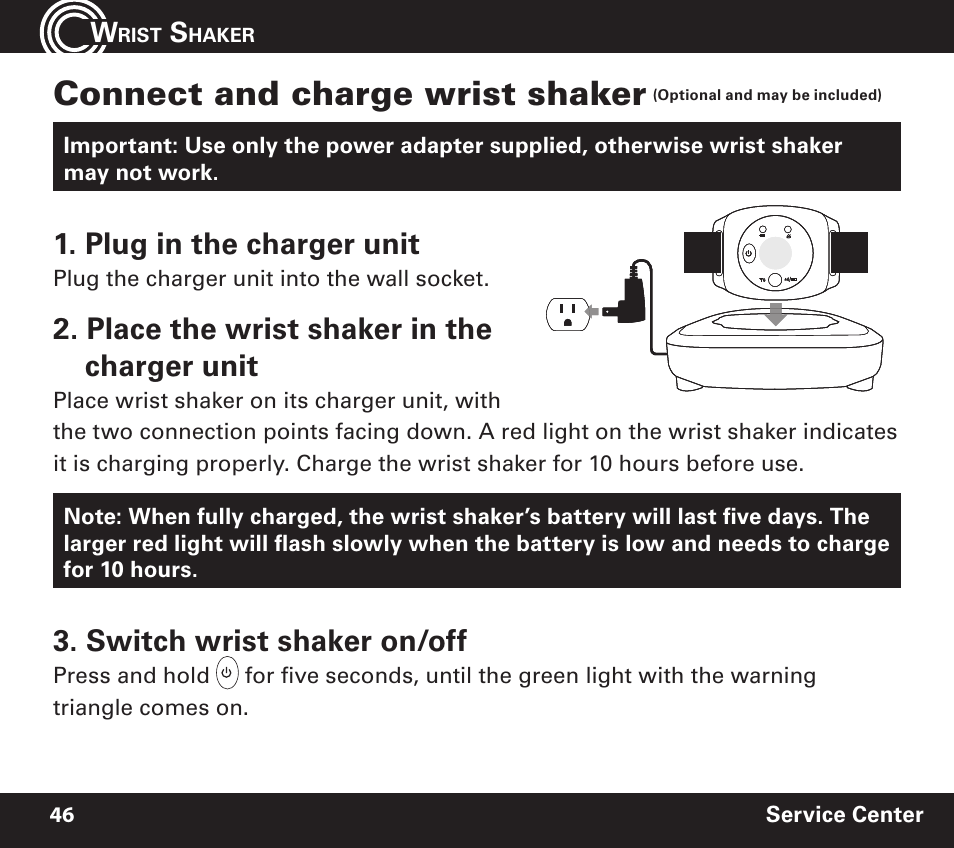 Connect and charge wrist shaker, Plug in the charger unit, Place the wrist shaker in the charger unit | Switch wrist shaker on/off | Amplicom PowerTel 720 Cordless Phone w/Answering Machine User Manual | Page 46 / 60