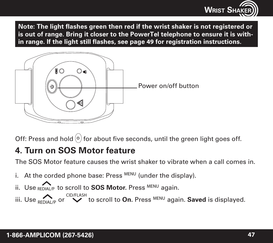 Turn on sos motor feature | Amplicom PowerTel 720 Cordless Phone w/Answering Machine User Manual | Page 47 / 60