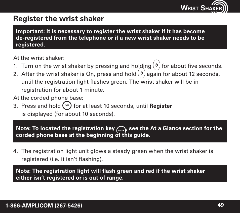 Register the wrist shaker | Amplicom PowerTel 720 Cordless Phone w/Answering Machine User Manual | Page 49 / 60