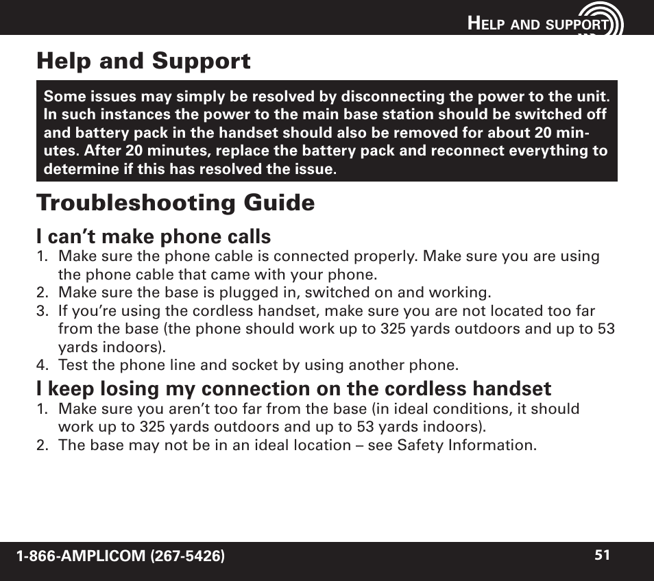 Help and support, Troubleshooting guide, I can’t make phone calls | Amplicom PowerTel 720 Cordless Phone w/Answering Machine User Manual | Page 51 / 60