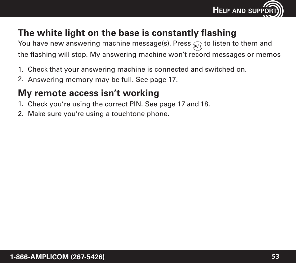 The white light on the base is constantly flashing, My remote access isn’t working | Amplicom PowerTel 720 Cordless Phone w/Answering Machine User Manual | Page 53 / 60