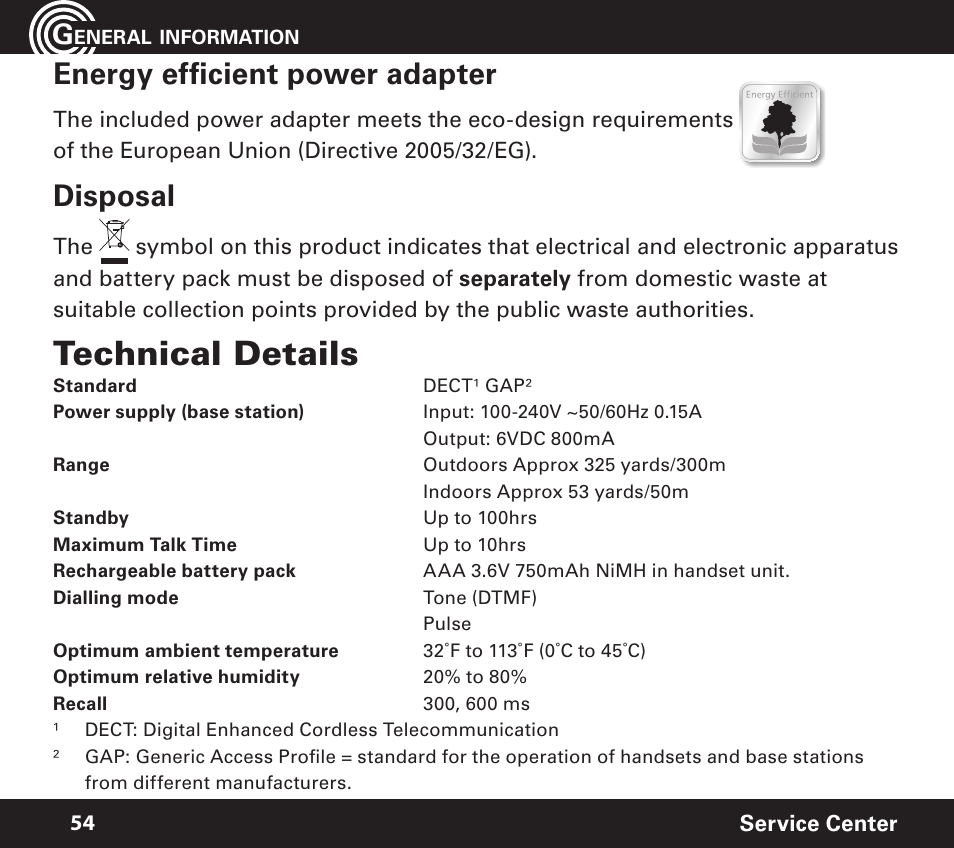 Technical details, Energy efficient power adapter, Disposal | Amplicom PowerTel 720 Cordless Phone w/Answering Machine User Manual | Page 54 / 60