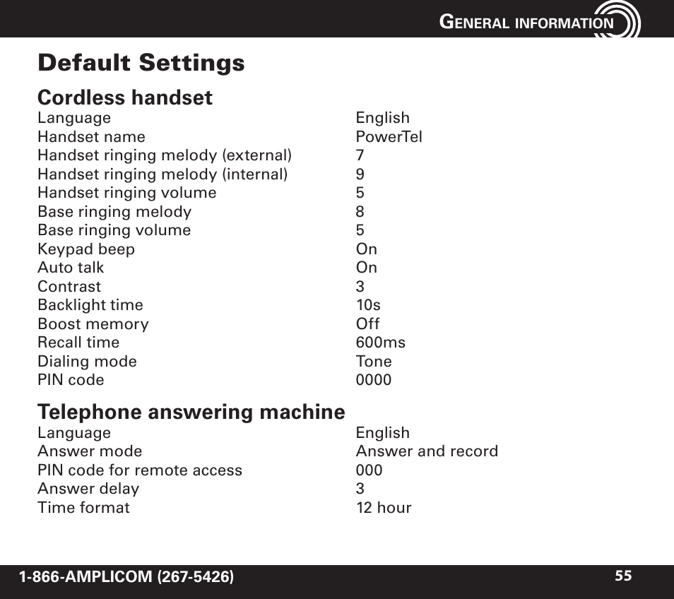 Default settings, Cordless handset, Telephone answering machine | Amplicom PowerTel 720 Cordless Phone w/Answering Machine User Manual | Page 55 / 60