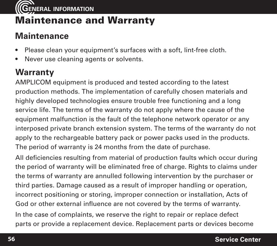 Maintenance and warranty, Maintenance, Warranty | Amplicom PowerTel 720 Cordless Phone w/Answering Machine User Manual | Page 56 / 60