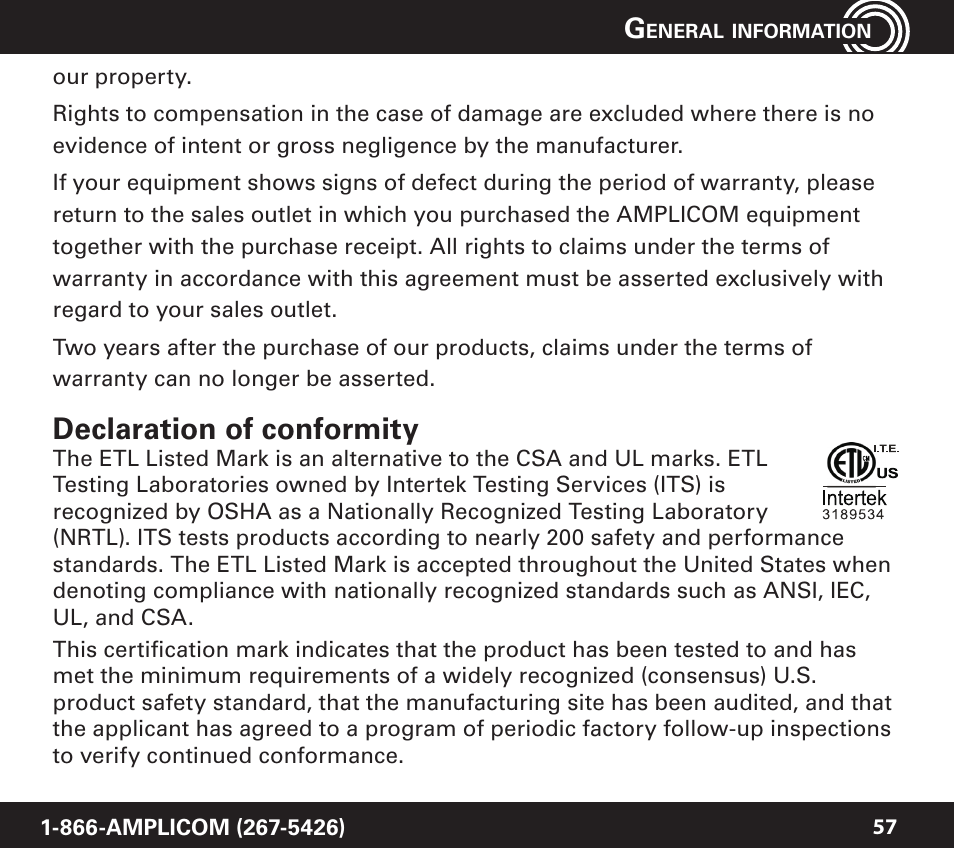 Declaration of conformity | Amplicom PowerTel 720 Cordless Phone w/Answering Machine User Manual | Page 57 / 60