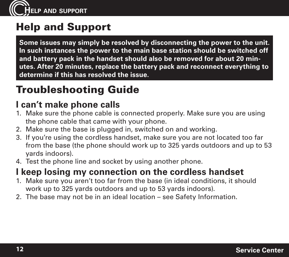 Help and support, Troubleshooting guide, I can’t make phone calls | Amplicom PowerTel 701 Expandable Handset User Manual | Page 12 / 18